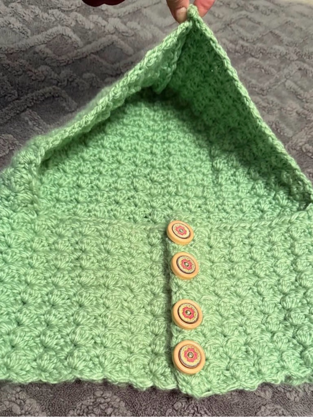 Handmade Mint Green Crochet Hooded Scarf with Wooden Buttons